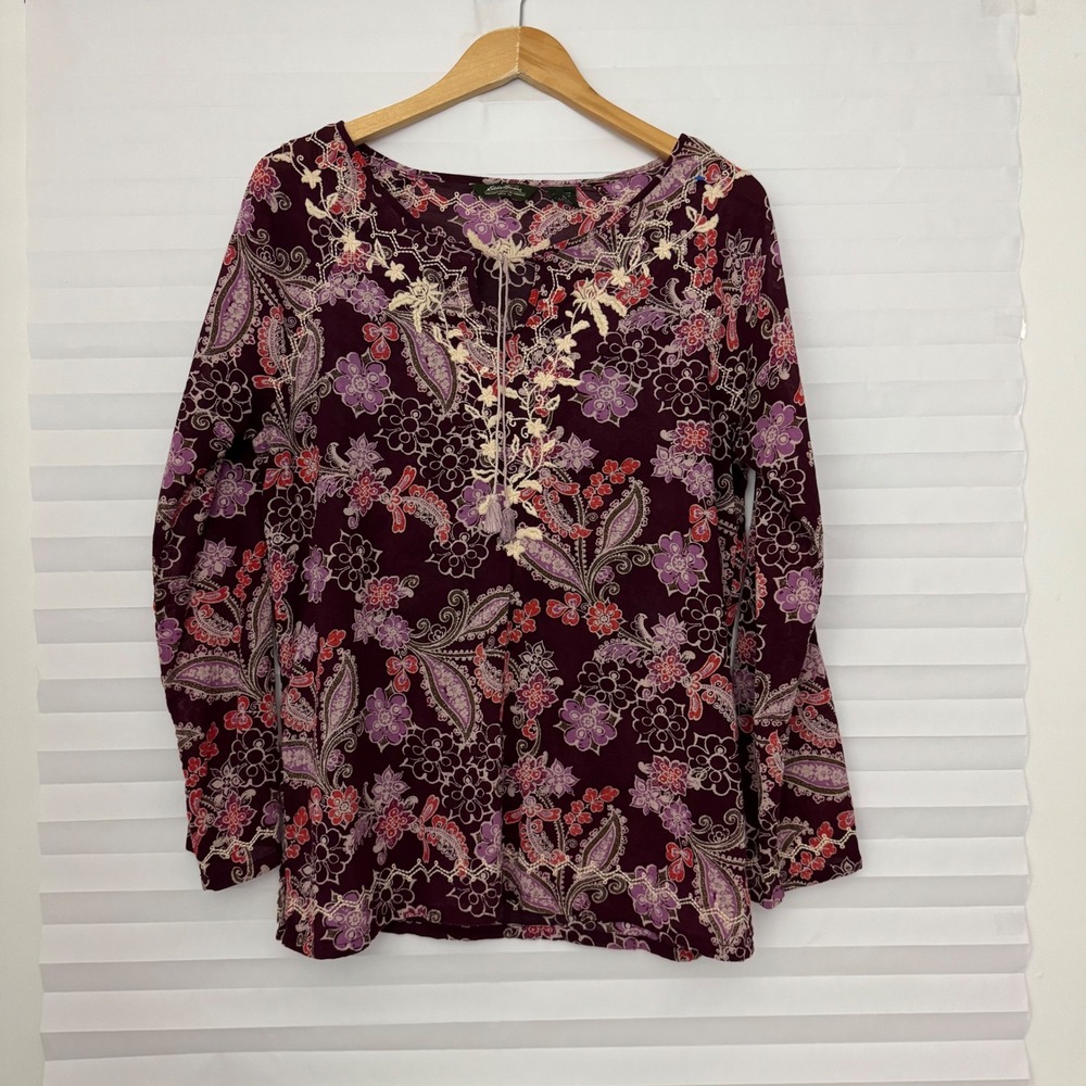 Eddie Bauer Womens Purple Floral Paisley Embroidered Tassel Cotton Boho Top L